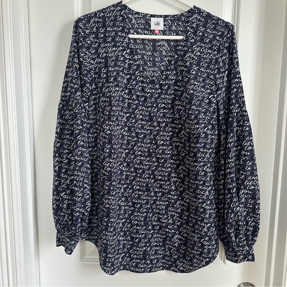 CAbi  Te Amo Love Script Print Navy and White Blouse